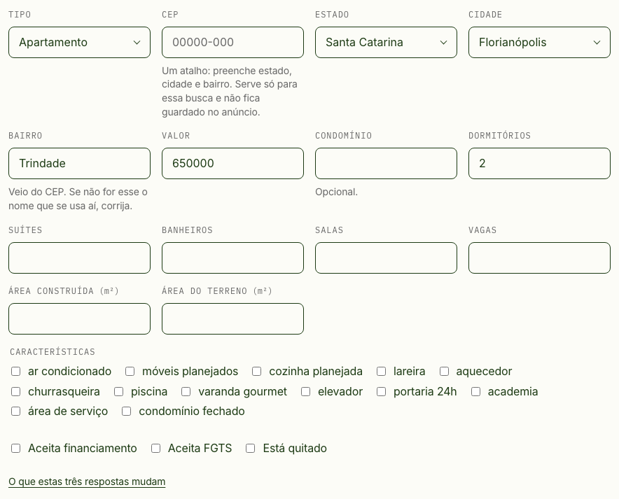 Primeira parte do formulário de cadastro, com tipo, CEP, estado, cidade, bairro, valor e cômodos