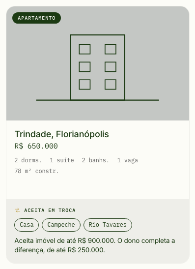 Card de um apartamento na Trindade, com a faixa 'Aceita em troca': casa, Campeche e Rio Tavares, até R$ 900.000