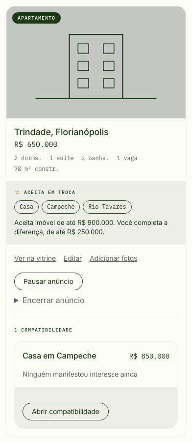 Card em Meus imóveis com uma compatibilidade e o botão Abrir compatibilidade