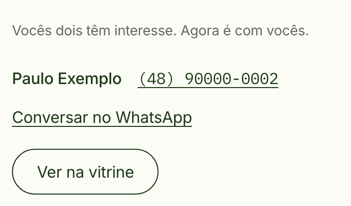Contato liberado: nome inventado, celular de exemplo e o link Conversar no WhatsApp