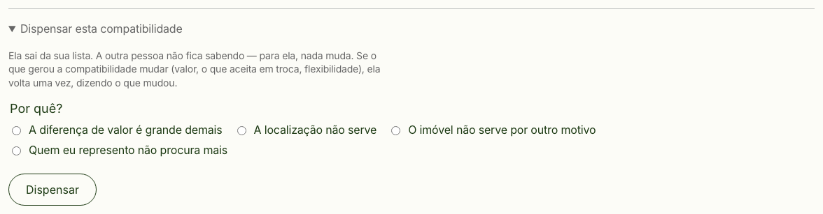 Formulário para dispensar a compatibilidade, com os quatro motivos