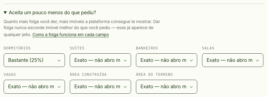 Controles de folga dos mínimos abertos, com 25% escolhido em dormitórios