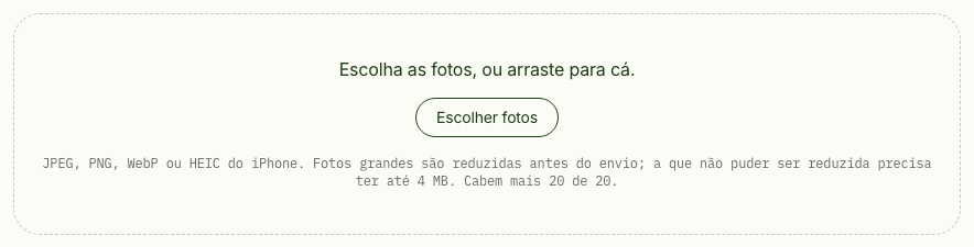 Área de envio de fotos, com o botão Escolher fotos